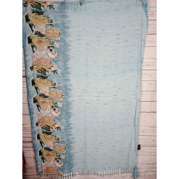 Caribbean Soul Tropical‎ Blue Sarong With Floral Print With Fringe Accents - Picture 4 of 11